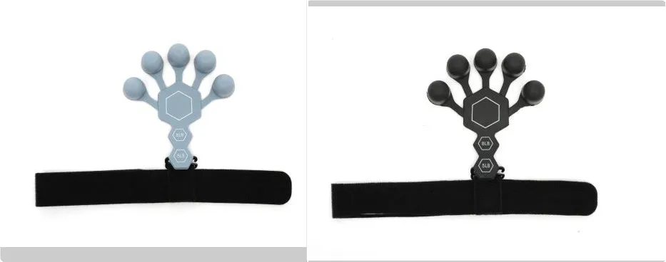 Grey and black silicone 5-finger rehabilitation hand trainer for adult grip strength exercises.