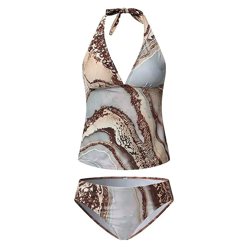Brown polyester women's bikini swimwear set showing top and bottom pieces