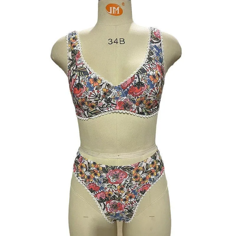 Women's floral print bikini with steel bracket push-up and tied sides, shown in high-waist briefs style.