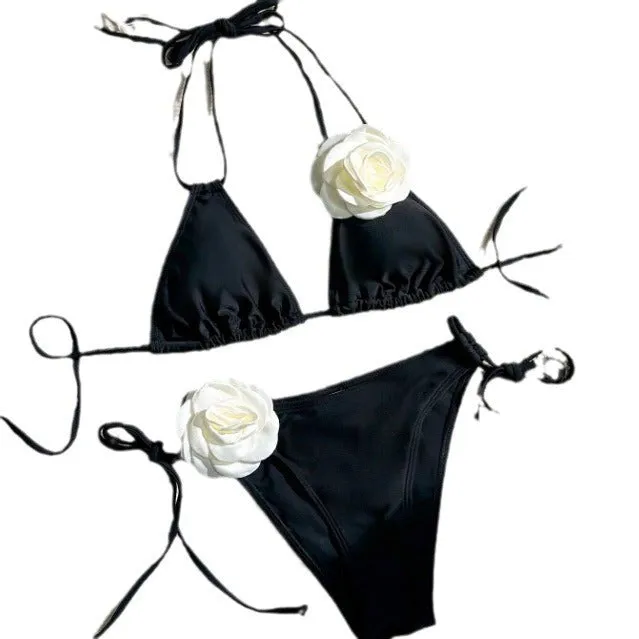 Black 3D flower drawstring lace split bikini set on a mannequin.