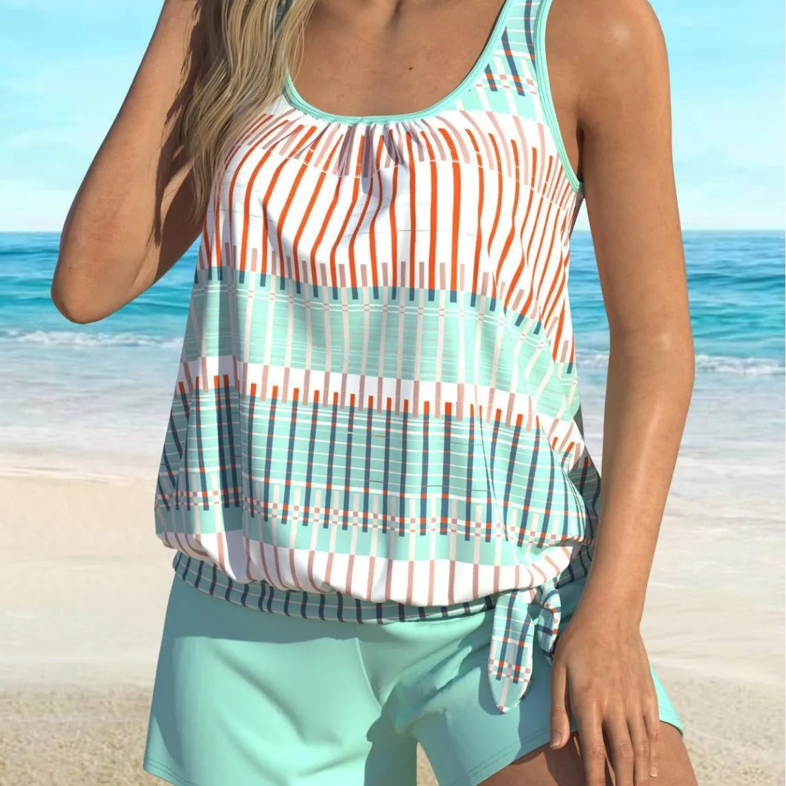 Women's sky blue striped swimsuit bikini with colour-split design on mannequin