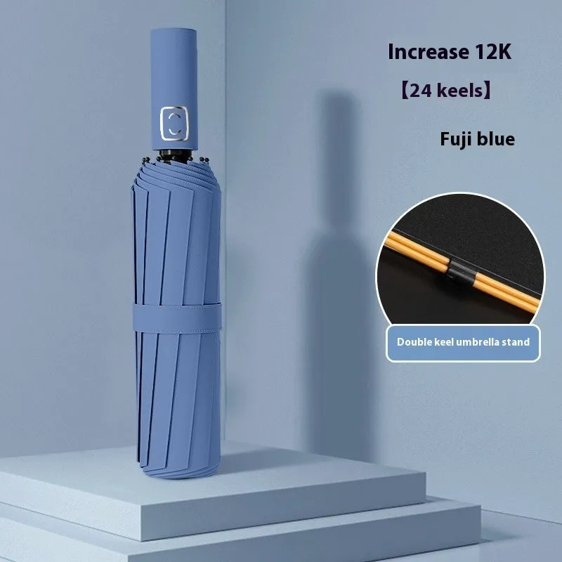 A large, open triple-folding rain umbrella with a plastic handle, shown in one of eight available colours.