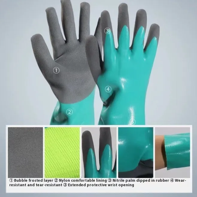Navy blue nitrile work gloves shown in short and lengthened styles for fishing protection.