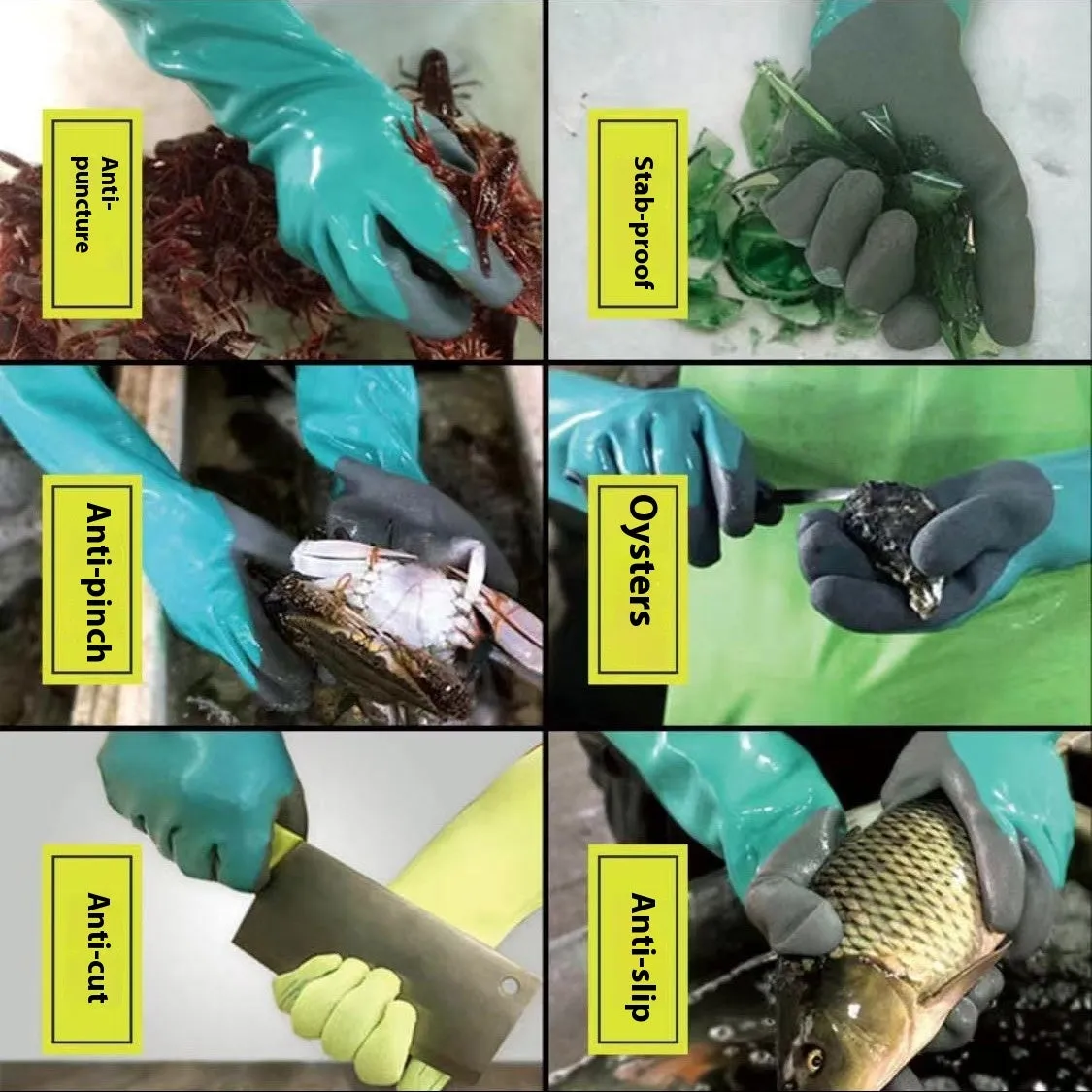 Navy blue nitrile work gloves shown in short and lengthened styles for fishing protection.