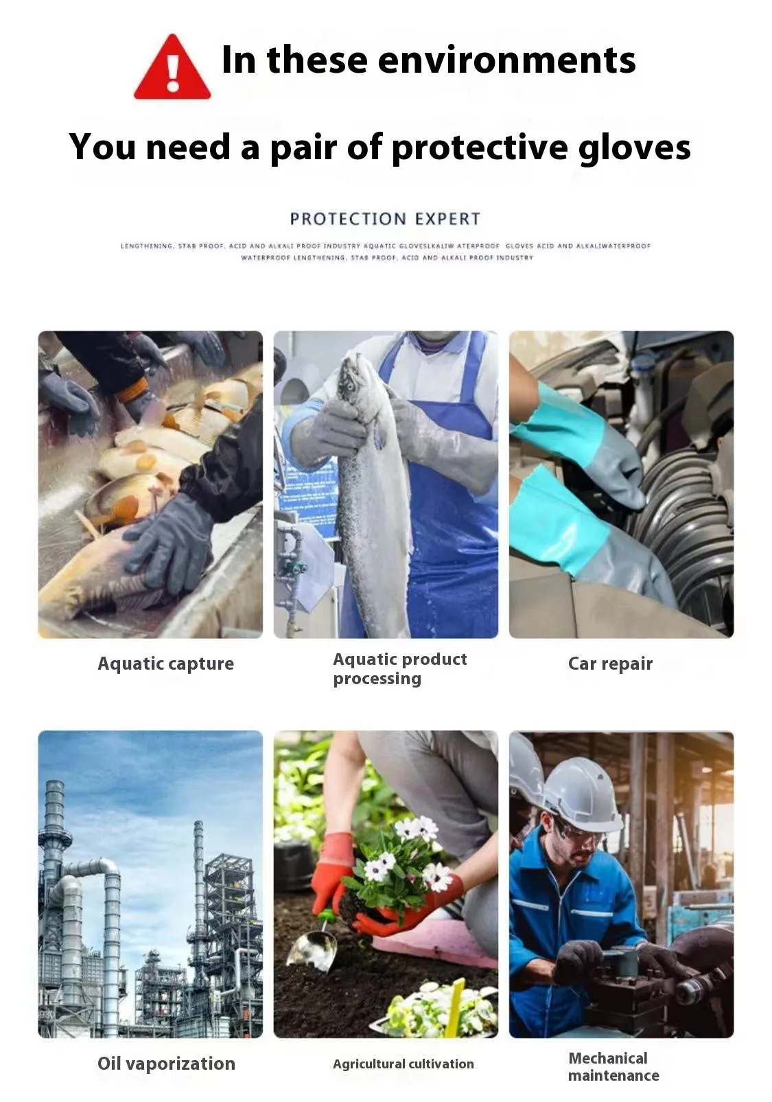 Navy blue nitrile work gloves shown in short and lengthened styles for fishing protection.