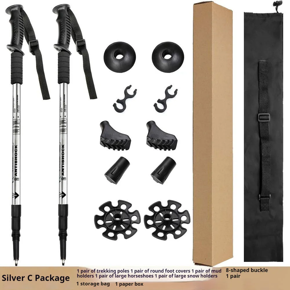 Aluminium telescopic trekking poles with multiple tip accessories in black, blue, silver, or red.