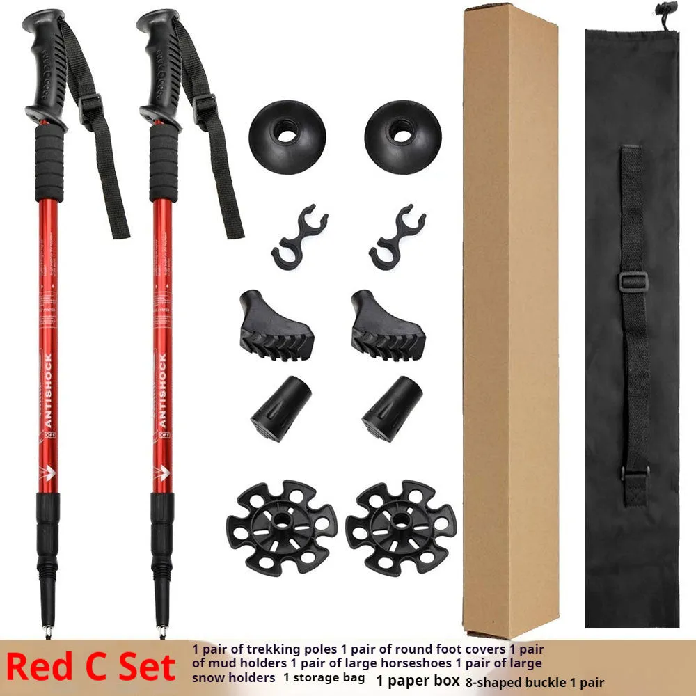 Aluminium telescopic trekking poles with multiple tip accessories in black, blue, silver, or red.