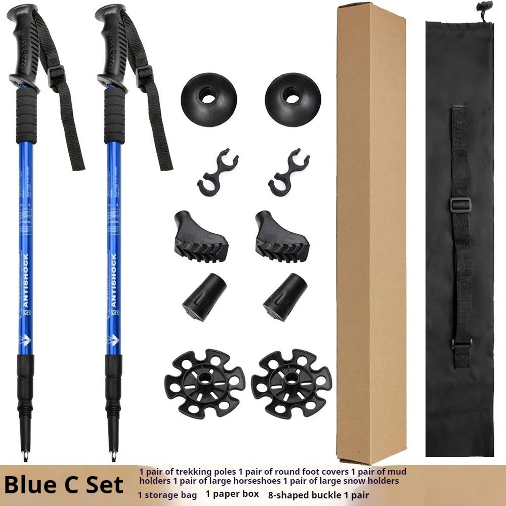Aluminium telescopic trekking poles with multiple tip accessories in black, blue, silver, or red.