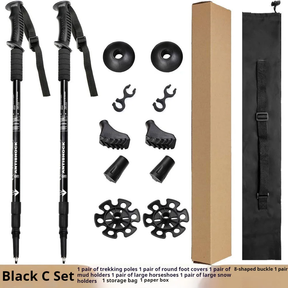 Aluminium telescopic trekking poles with multiple tip accessories in black, blue, silver, or red.