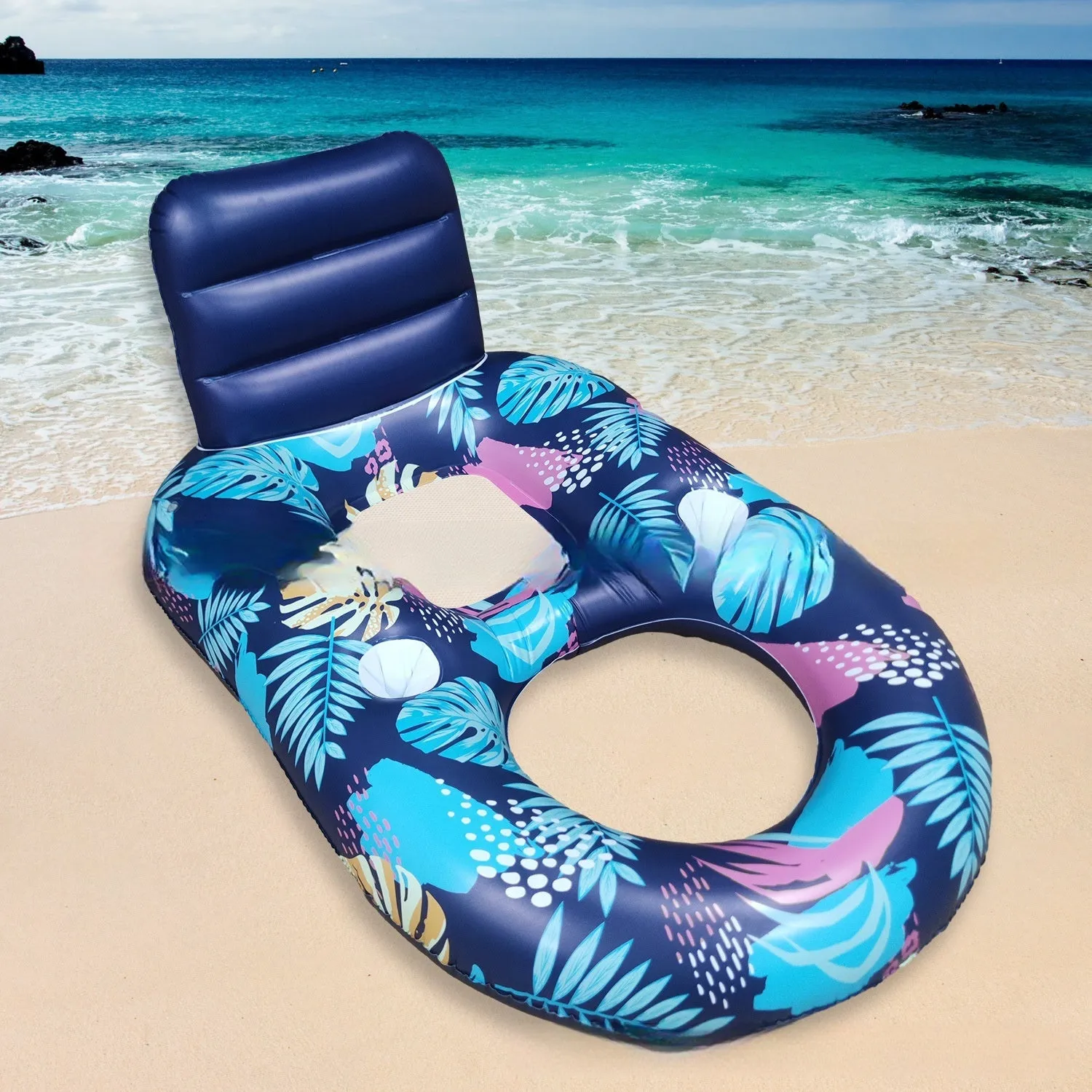 White luminous inflatable PVC pool floating bed with backrest reclined on water