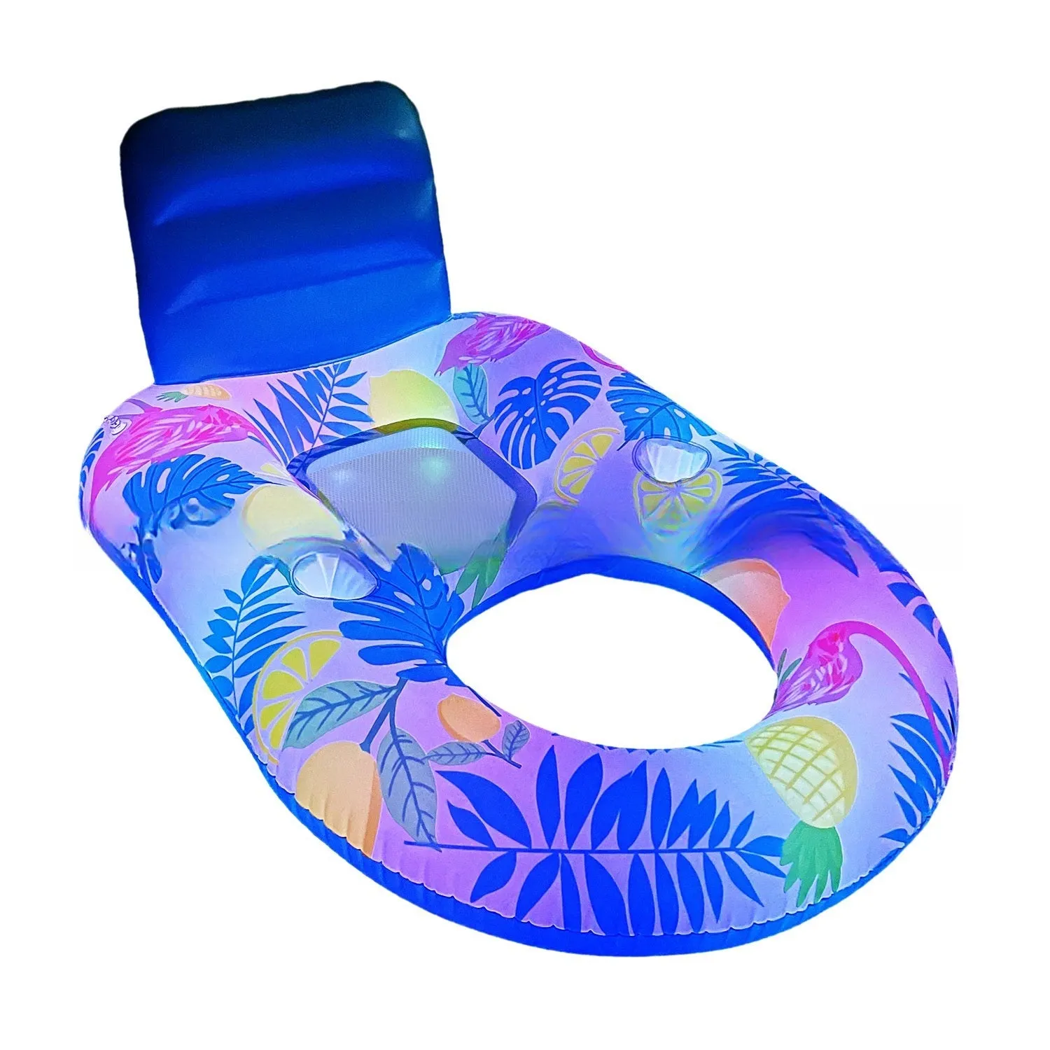 White luminous inflatable PVC pool floating bed with backrest reclined on water