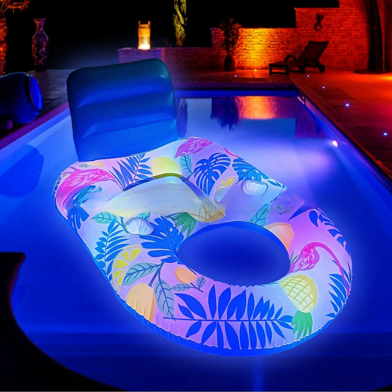 White luminous inflatable PVC pool floating bed with backrest reclined on water