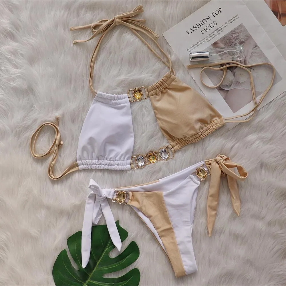 New Crystal Diamond Bikini in solid colour with bandage split design for women