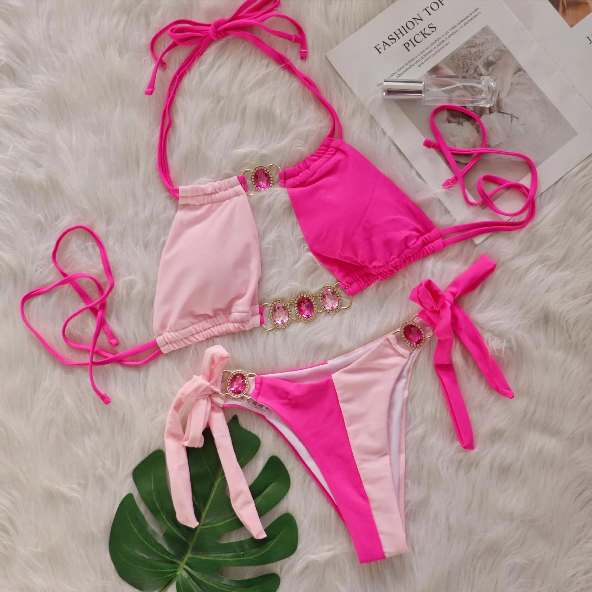 New Crystal Diamond Bikini in solid colour with bandage split design for women