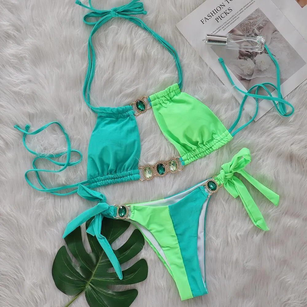 New Crystal Diamond Bikini in solid colour with bandage split design for women