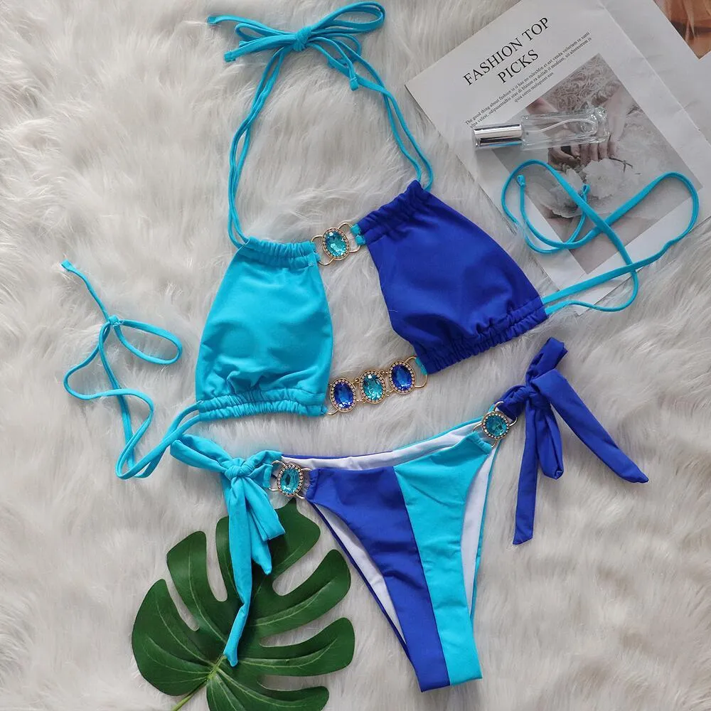 New Crystal Diamond Bikini in solid colour with bandage split design for women