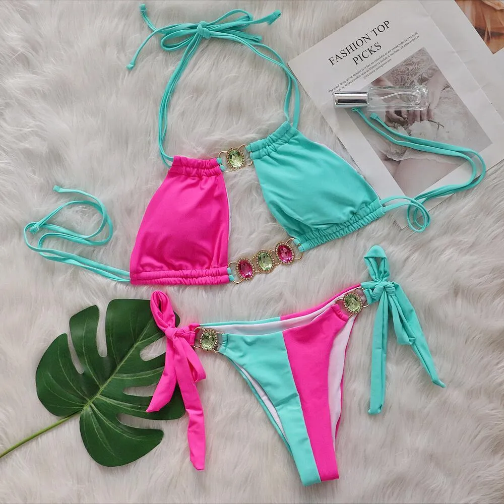 New Crystal Diamond Bikini in solid colour with bandage split design for women