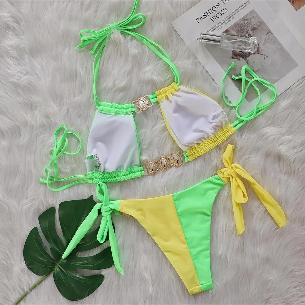 New Crystal Diamond Bikini in solid colour with bandage split design for women