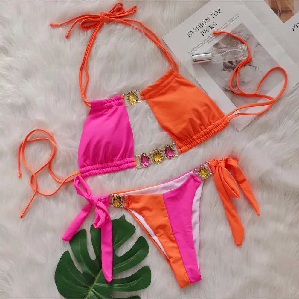 New Crystal Diamond Bikini in solid colour with bandage split design for women