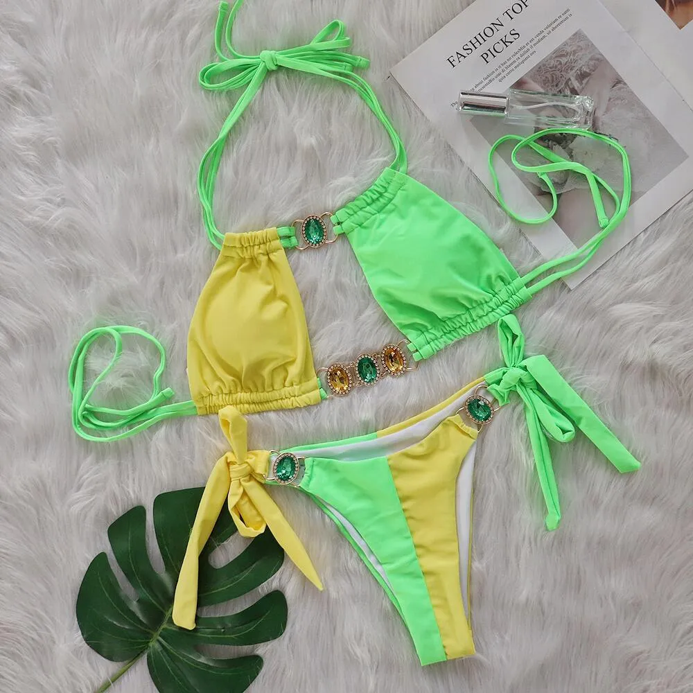 New Crystal Diamond Bikini in solid colour with bandage split design for women