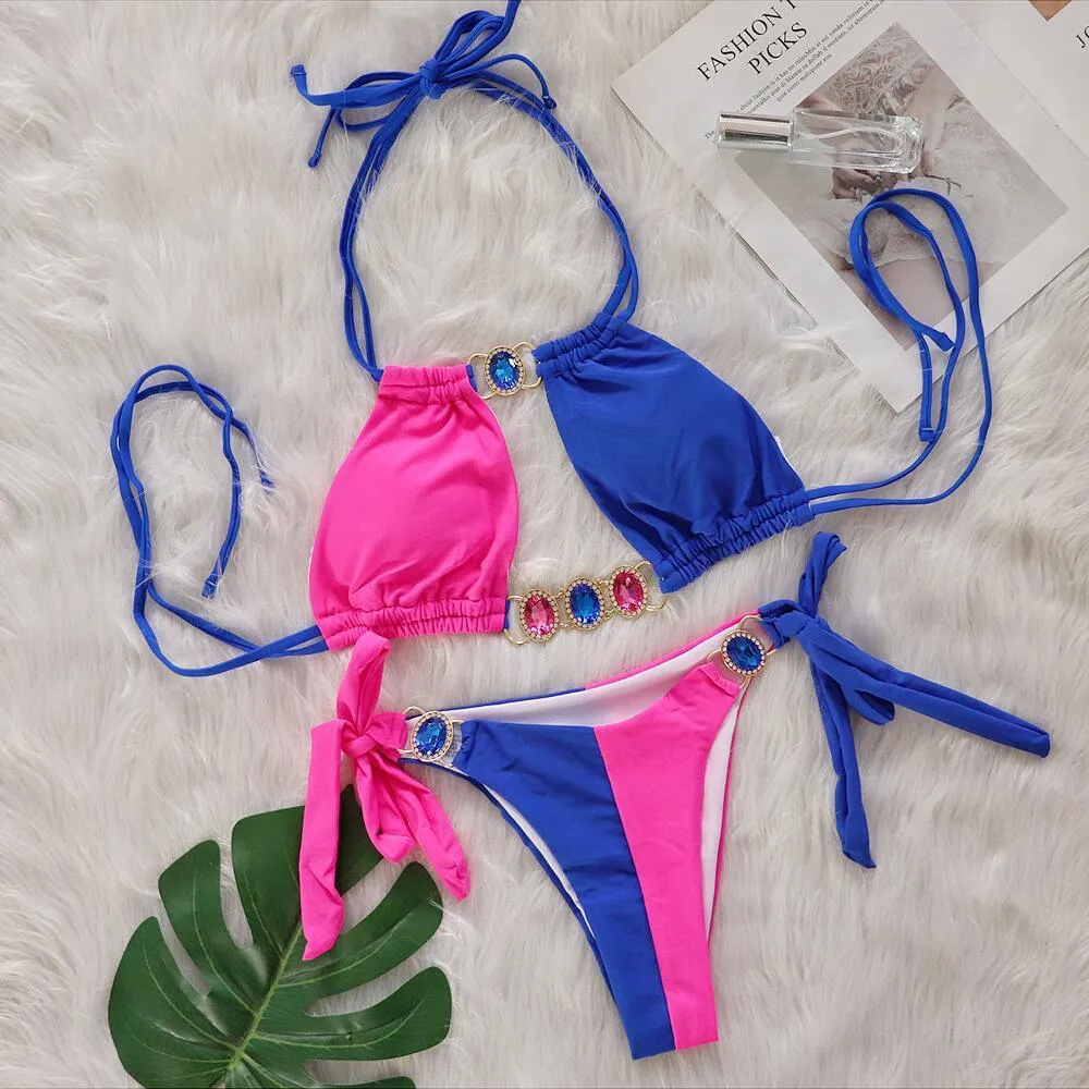New Crystal Diamond Bikini in solid colour with bandage split design for women
