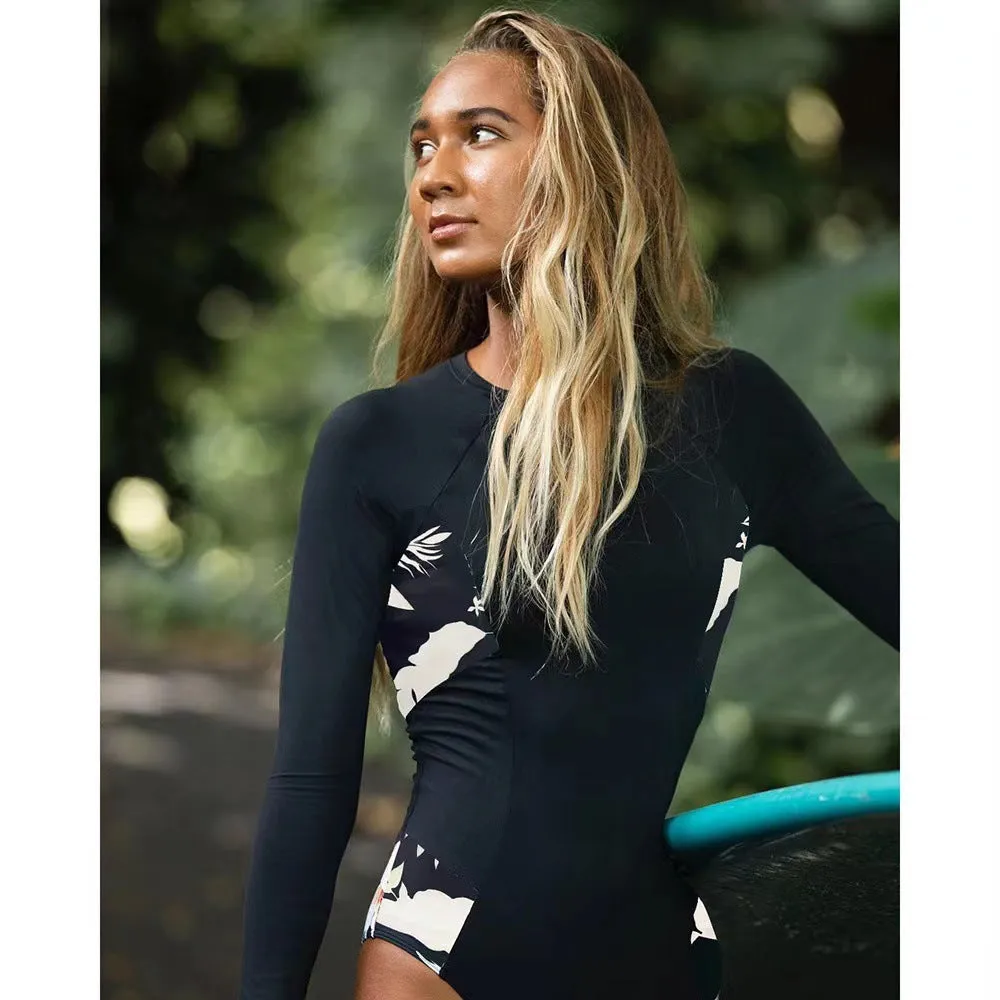 Black printed one-piece diving suit with long sleeves for women