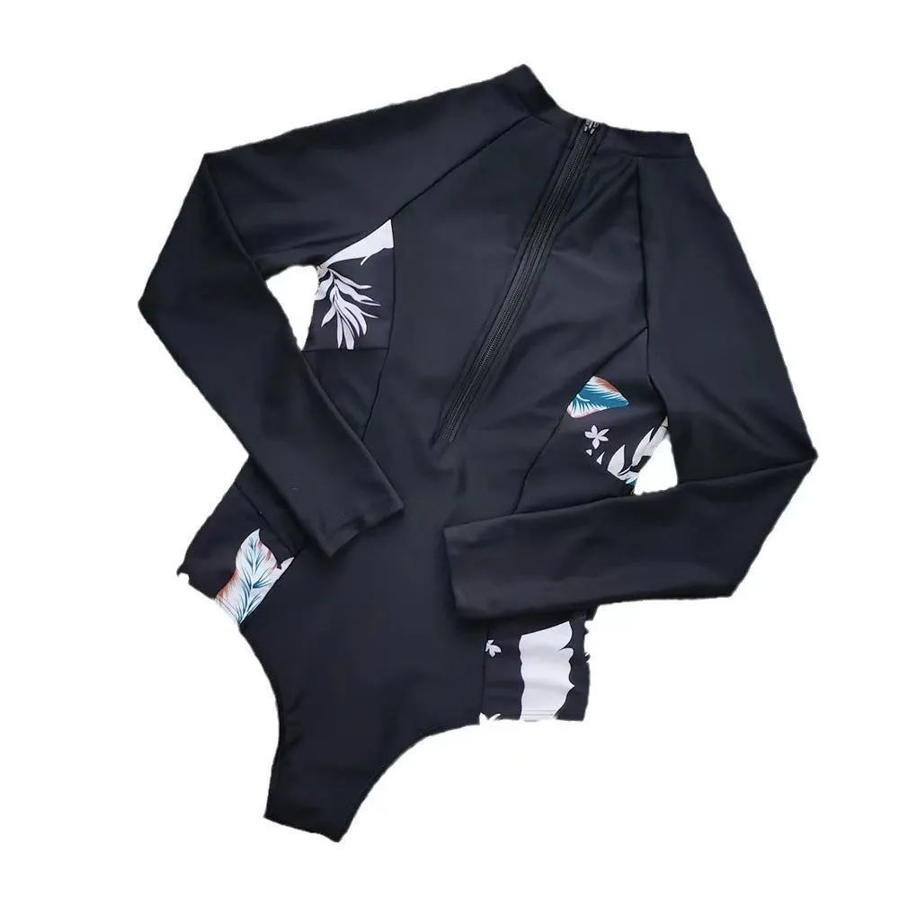 Black printed one-piece diving suit with long sleeves for women