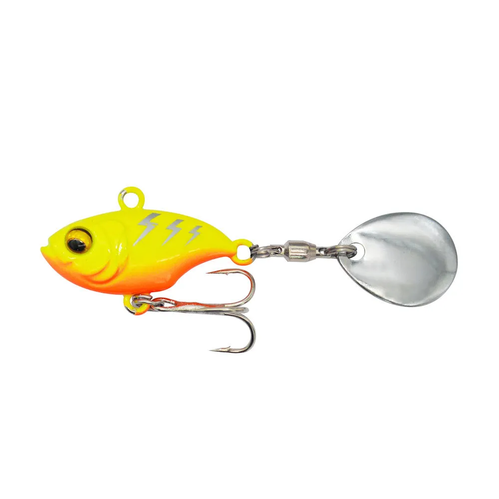 Metal fishing lure with rotating sequins in zebra orange colour pattern.