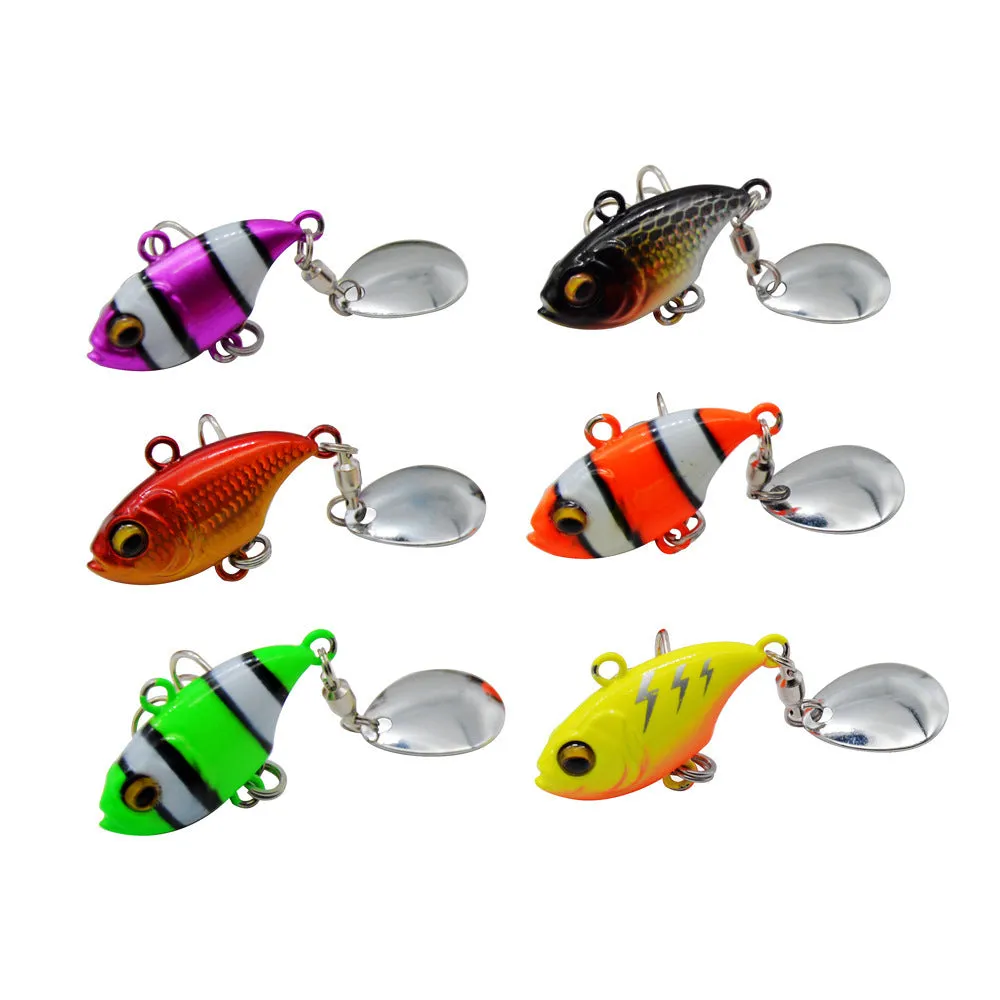 Metal fishing lure with rotating sequins in zebra orange colour pattern.