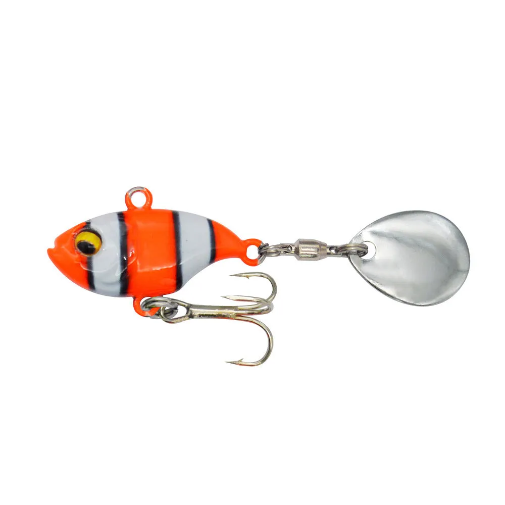 Metal fishing lure with rotating sequins in zebra orange colour pattern.
