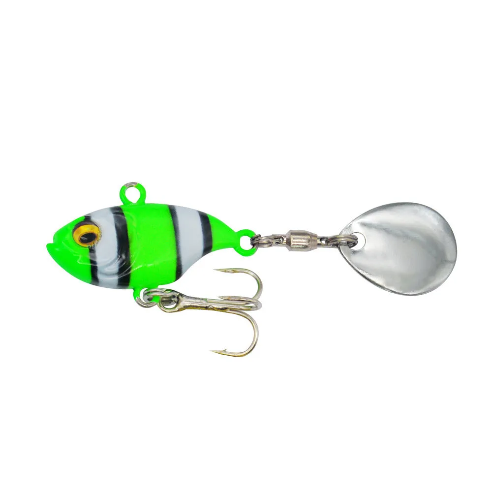 Metal fishing lure with rotating sequins in zebra orange colour pattern.