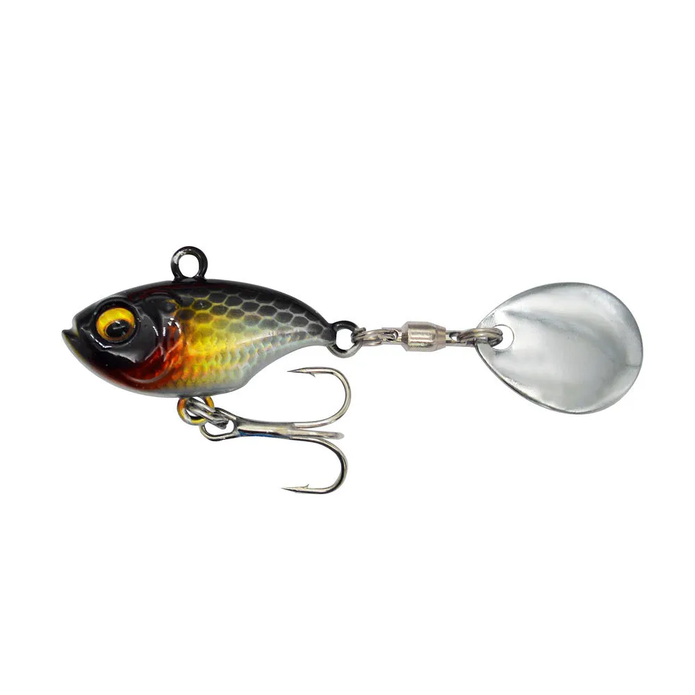 Metal fishing lure with rotating sequins in zebra orange colour pattern.