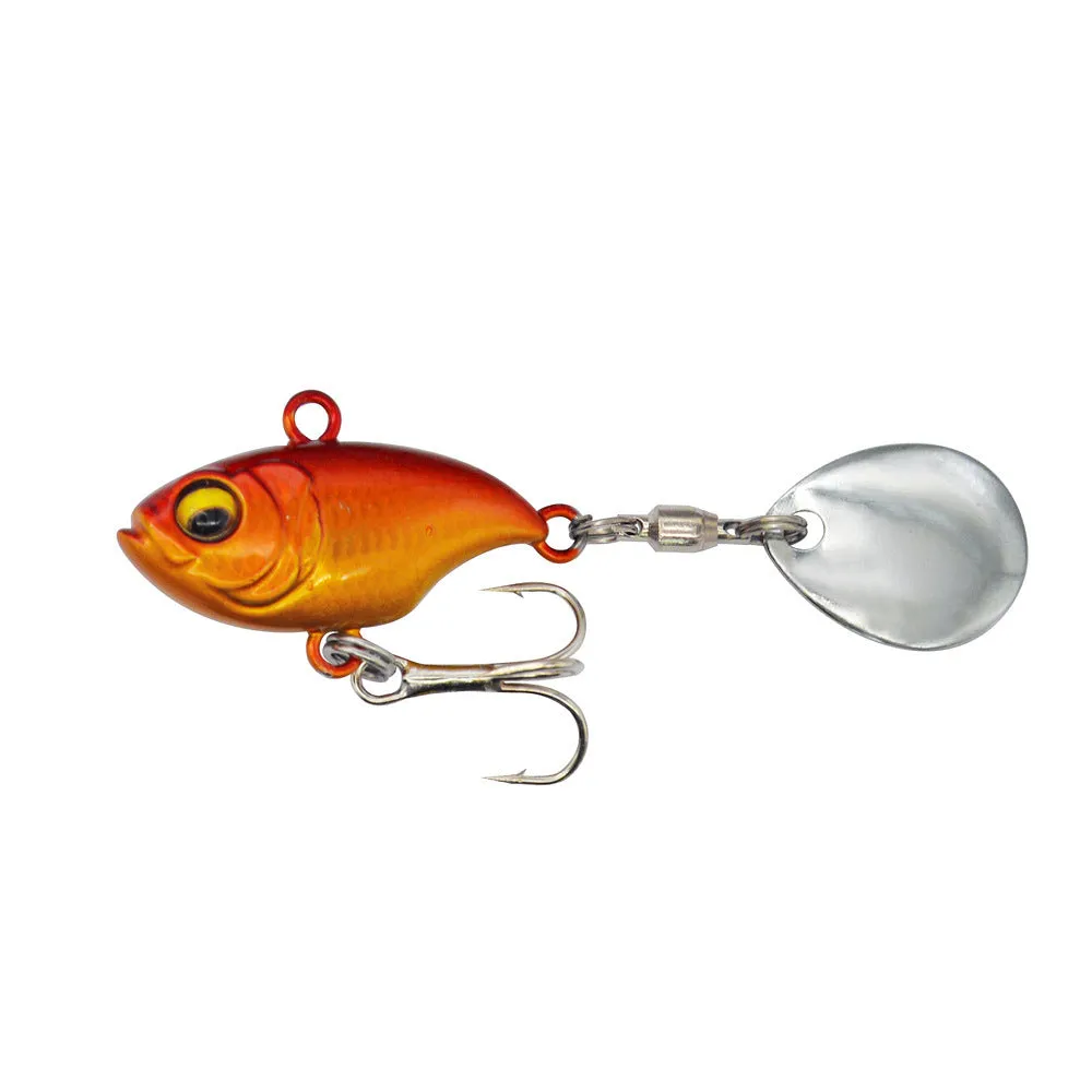 Metal fishing lure with rotating sequins in zebra orange colour pattern.