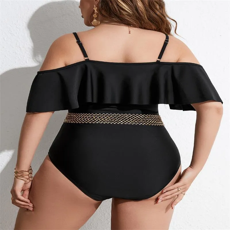 Black women's one-piece swimsuit on hanger showing front and back views