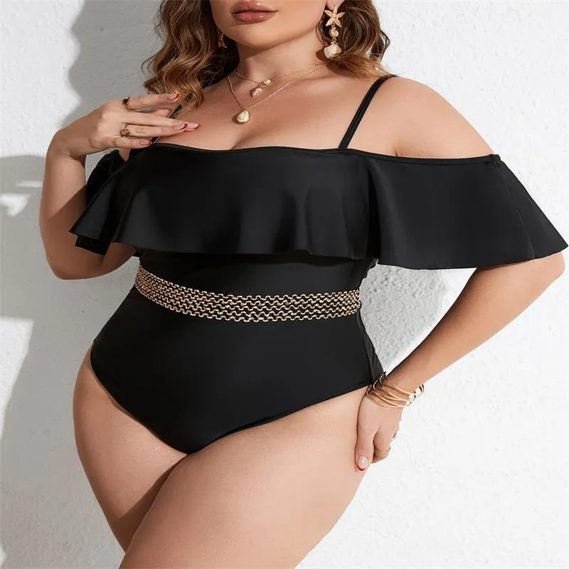 Black women's one-piece swimsuit on hanger showing front and back views