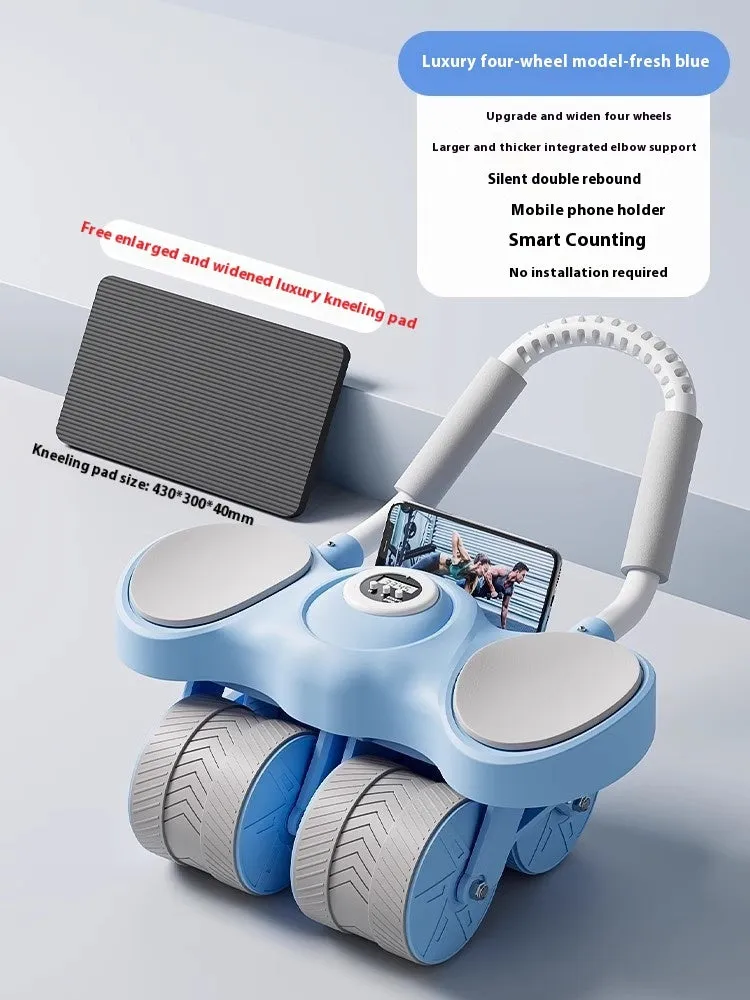 Abdominal wheel fitness equipment with elbow supports in blue, orange, or black.