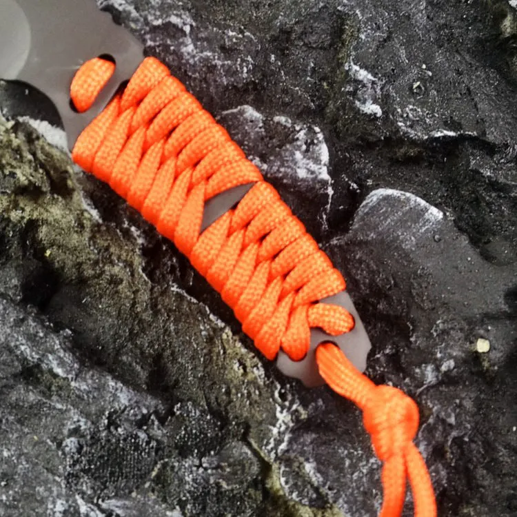 Outdoor straight survival knife with rope-wrapped handle and black ABS plastic sheath