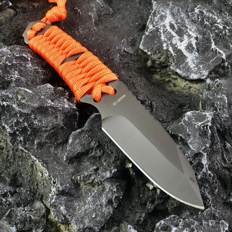 Outdoor straight survival knife with rope-wrapped handle and black ABS plastic sheath