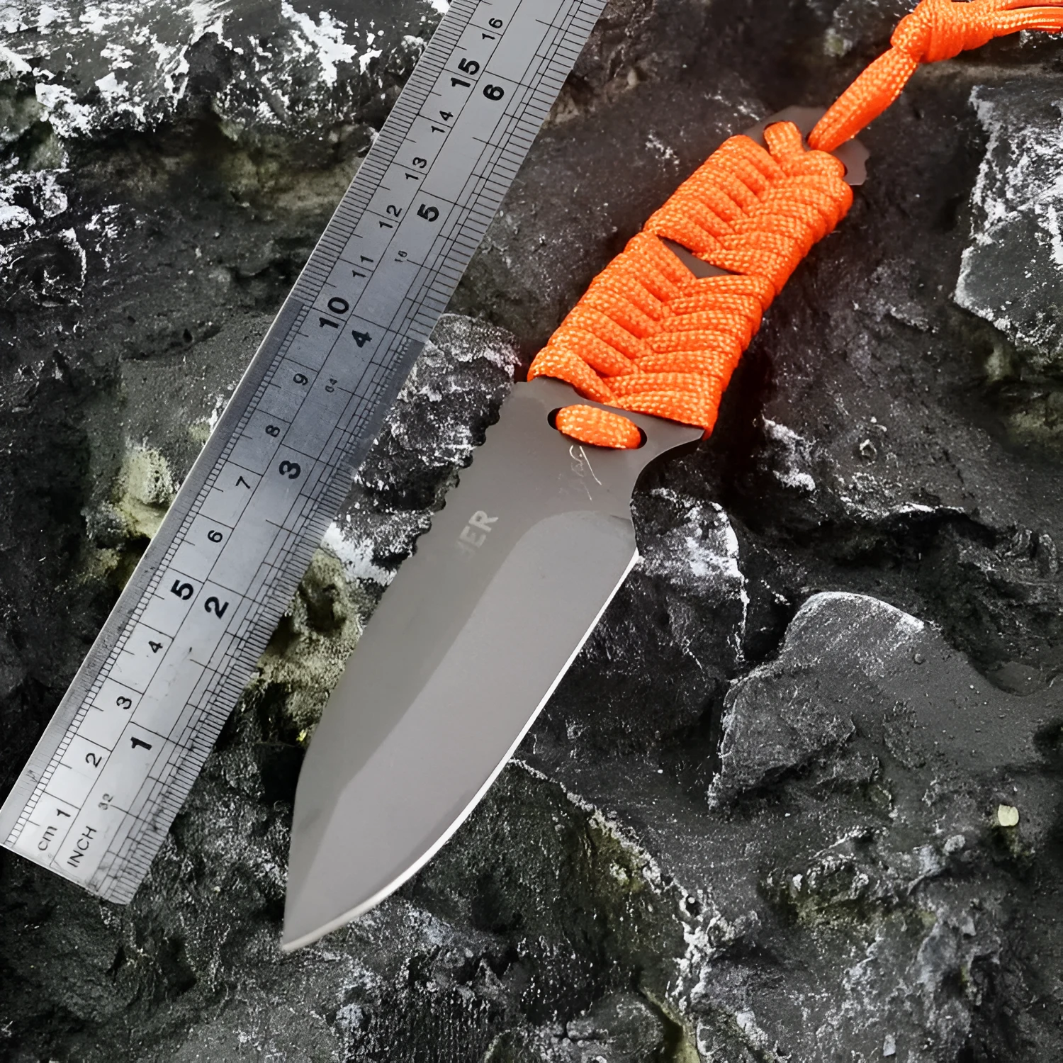 Outdoor straight survival knife with rope-wrapped handle and black ABS plastic sheath