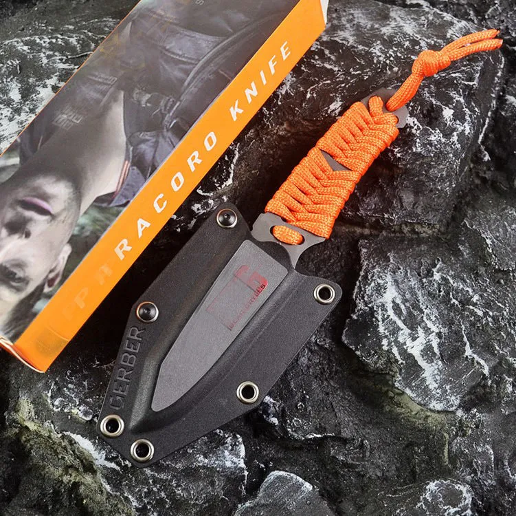 Outdoor straight survival knife with rope-wrapped handle and black ABS plastic sheath