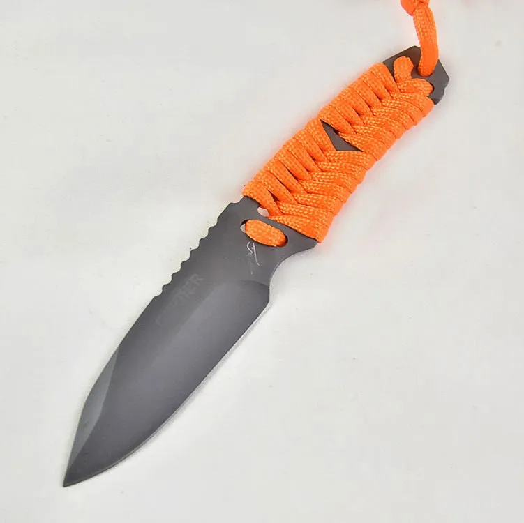 Outdoor straight survival knife with rope-wrapped handle and black ABS plastic sheath