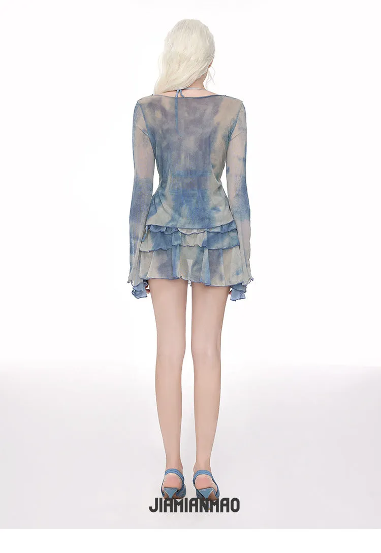 Women's steel support push-up long-sleeved blouse split swimsuit in blooming blue colour