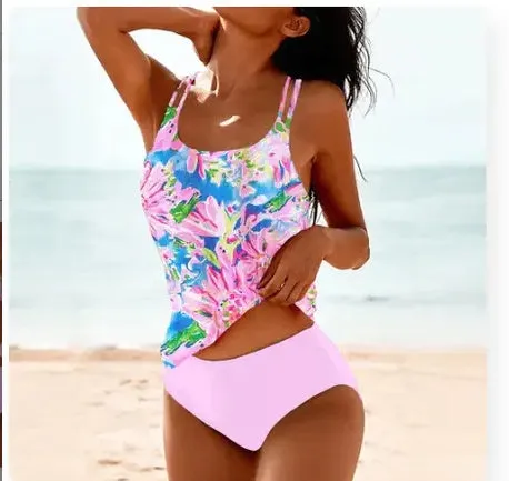 Vintage printed high waist conservative swimwear set in a retro dot pattern.