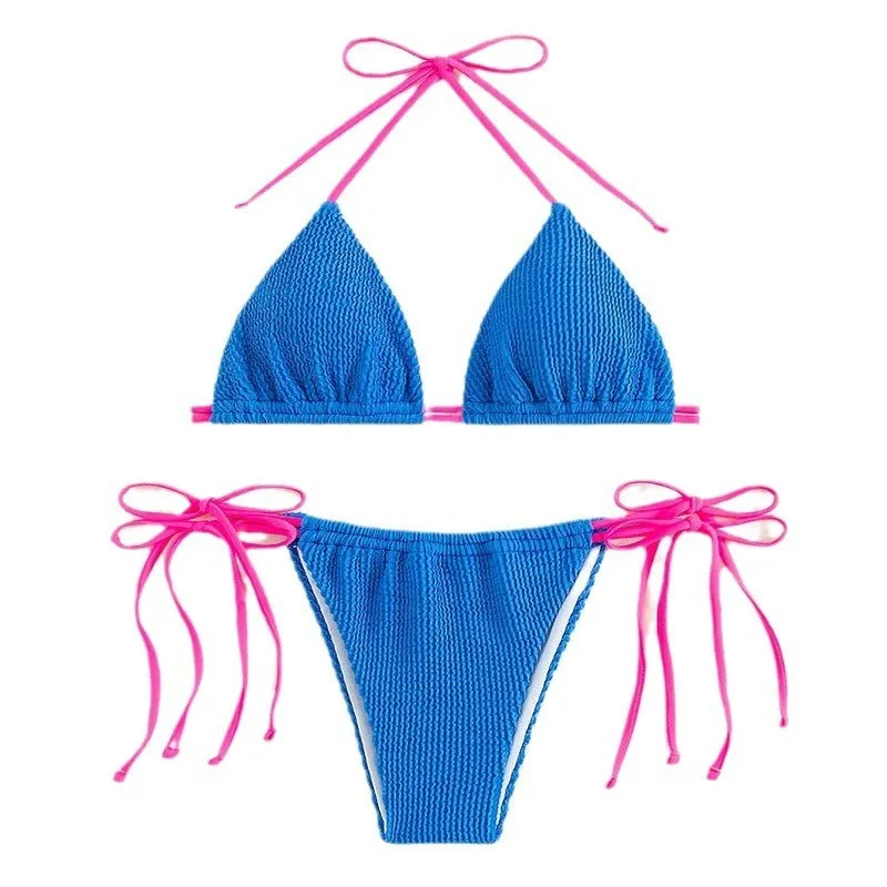 Women's black lace-up bikini swimsuit set on a mannequin, showing front and back detail.