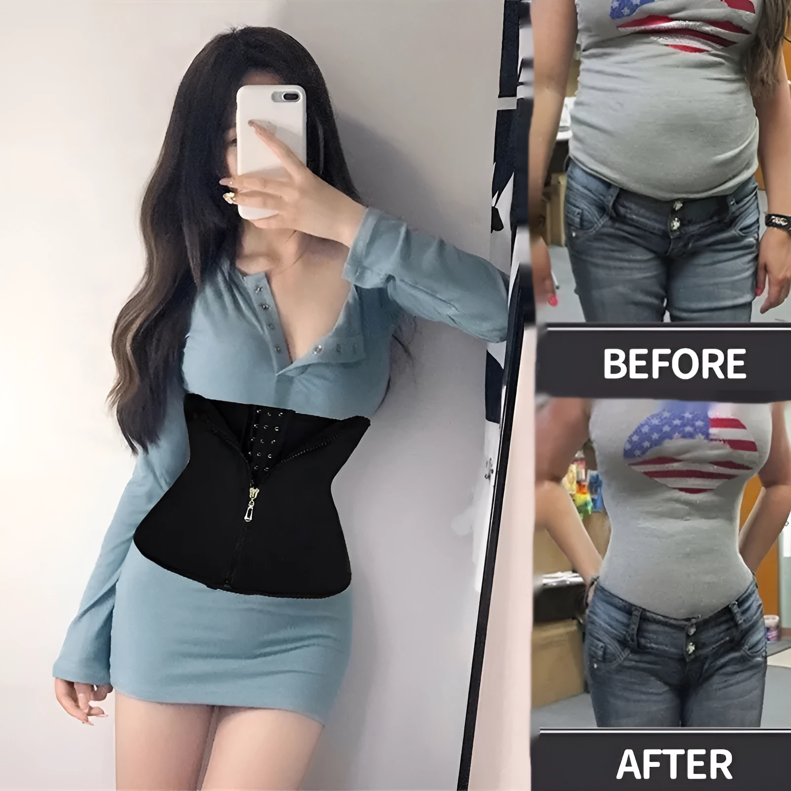 Neoprene breasted belly band for body shaping in black, blue, purple, and red colours.
