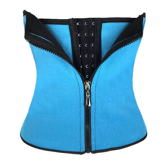 Neoprene breasted belly band for body shaping in black, blue, purple, and red colours.