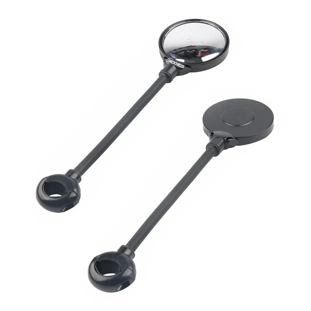 Black metal bicycle rearview mirror with hose adjustment clamp, shown as a two-pack.