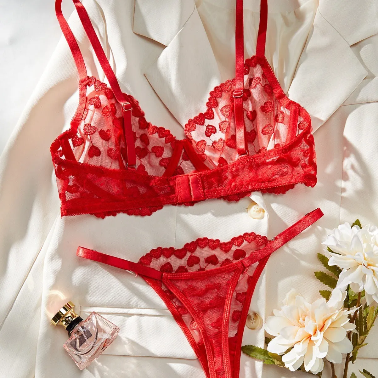 Women's two-piece mesh suit in black and red for romantic themed events