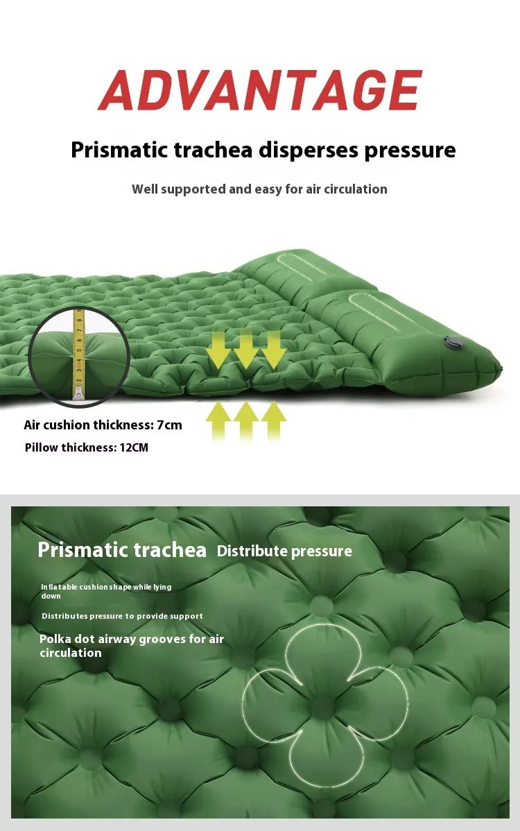 Dark blue double air mattress with built-in pump inflated on a floor, showing integrated pillow.