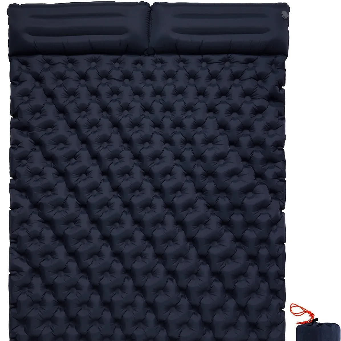 Dark blue double air mattress with built-in pump inflated on a floor, showing integrated pillow.